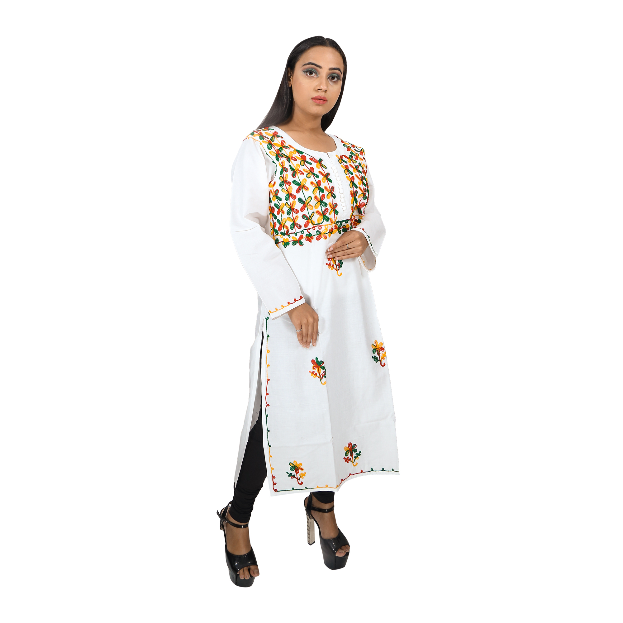 Women Embroidered Pure Cotton Straight Kurta  (White)