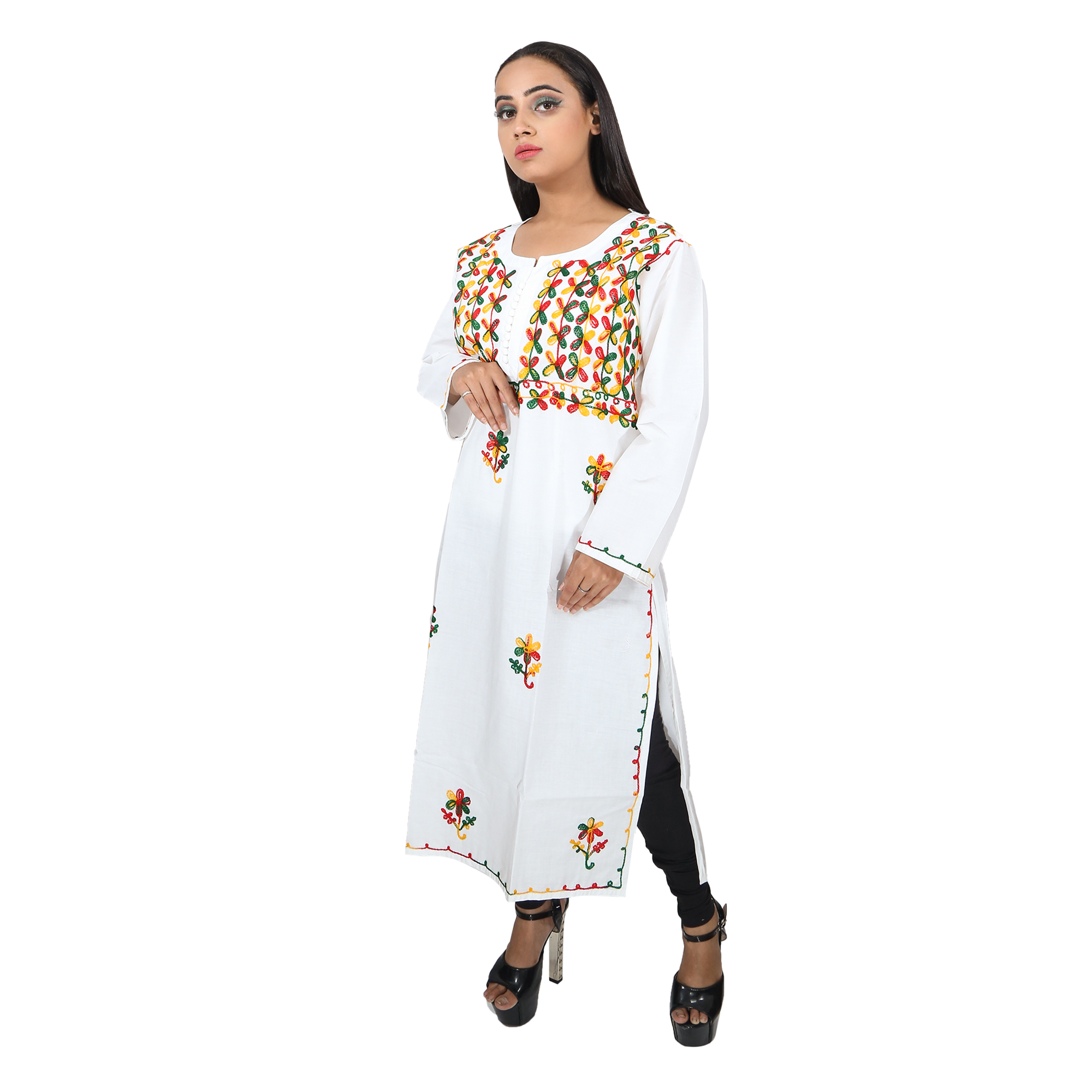 Women Embroidered Pure Cotton Straight Kurta  (White)