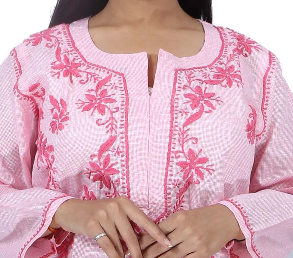 Kavya Chikan Kota Doria Style Chikankari Kurti (Pink)