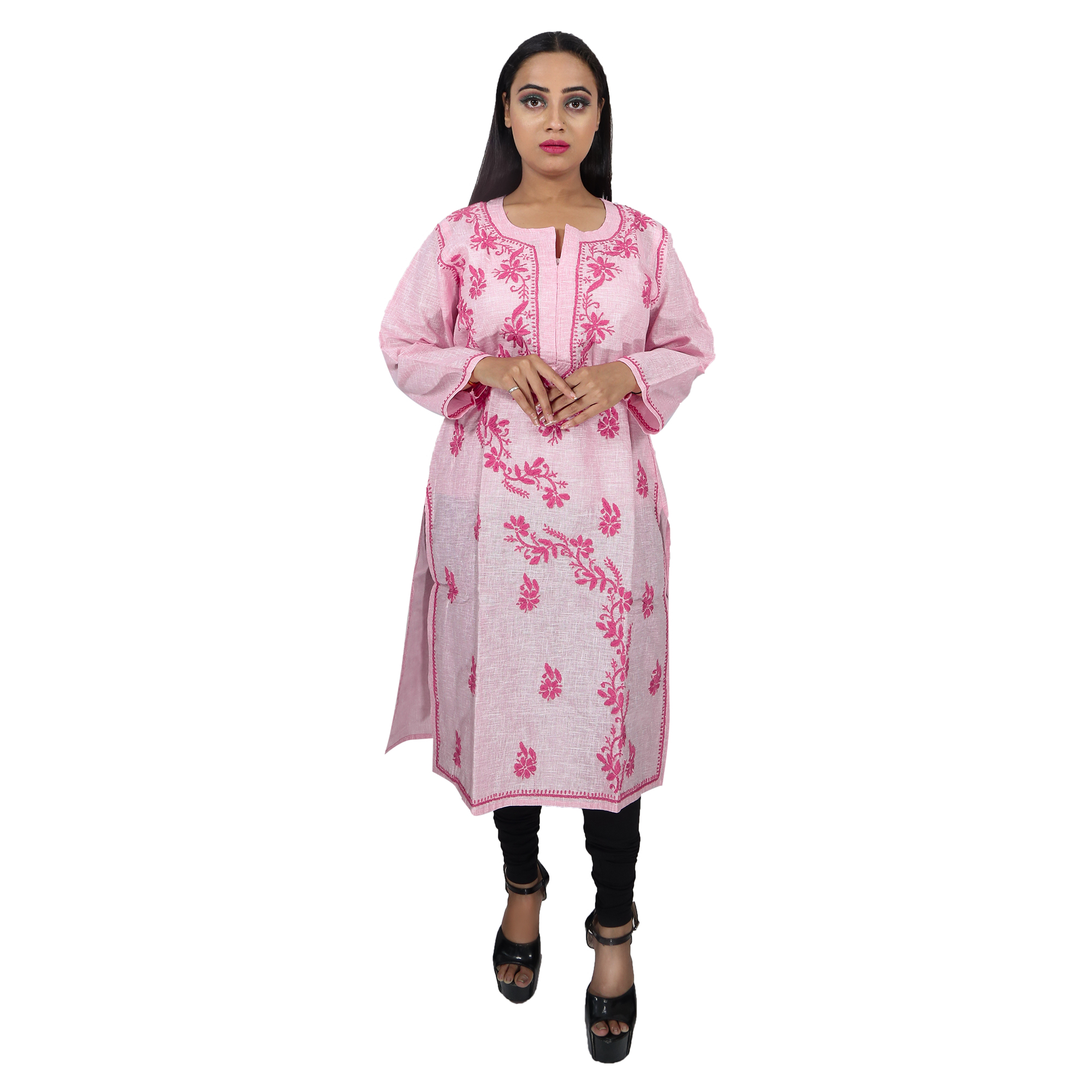 Kavya Chikan Kota Doria Style Chikankari Kurti (Pink)