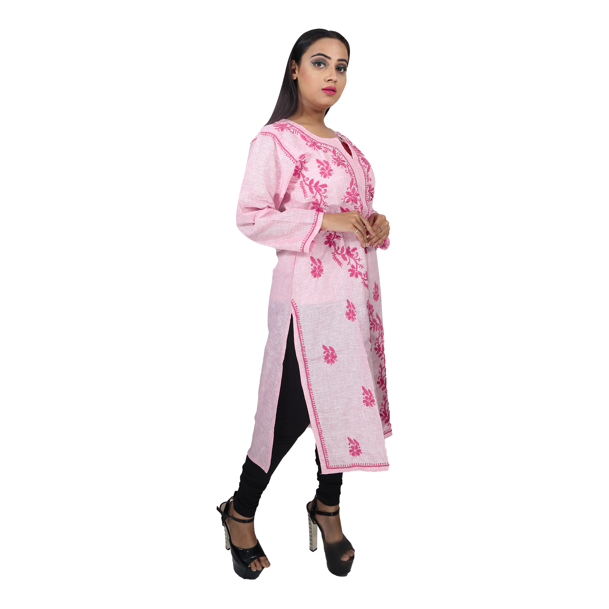 Kavya Chikan Kota Doria Style Chikankari Kurti (Pink)
