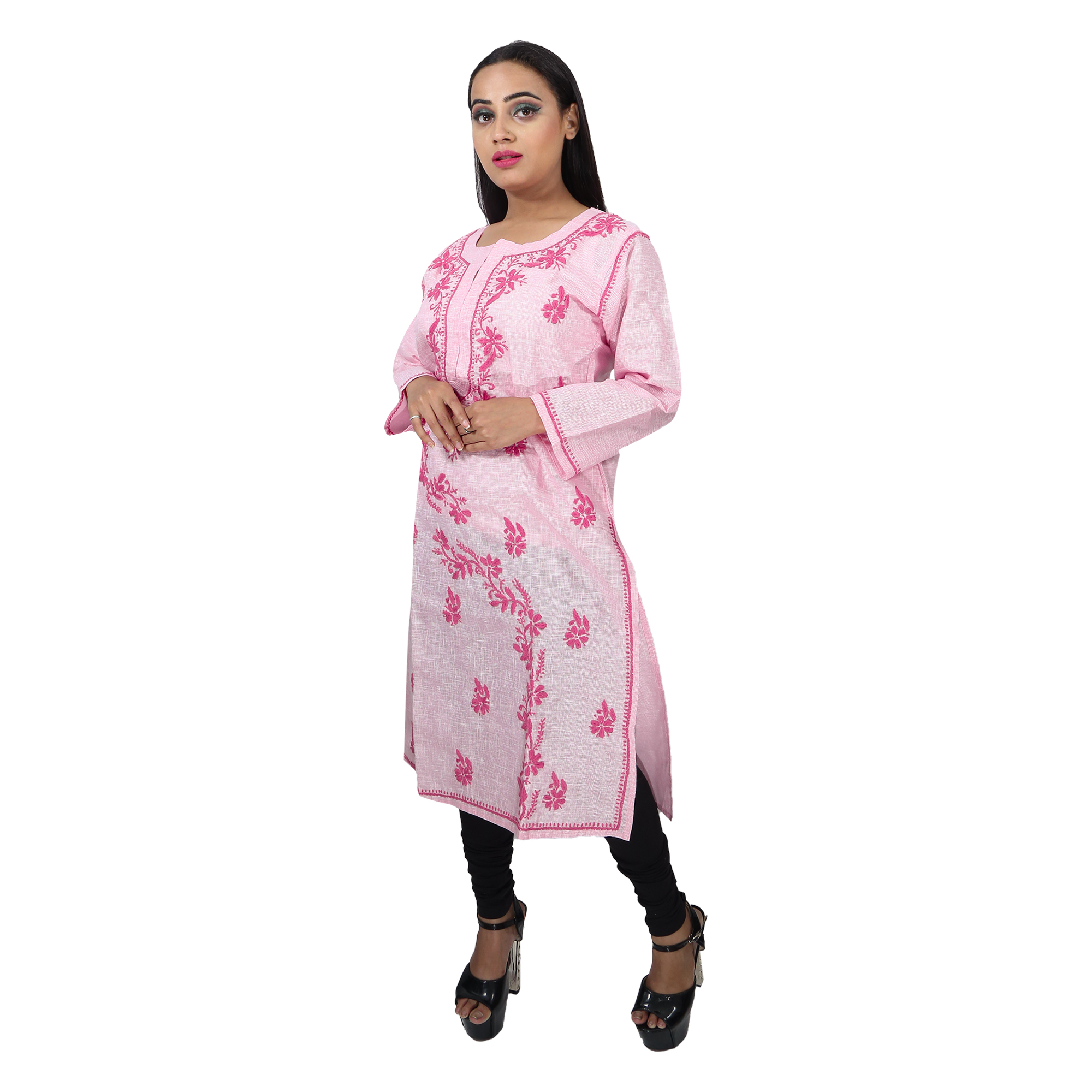 Kavya Chikan Kota Doria Style Chikankari Kurti (Pink)