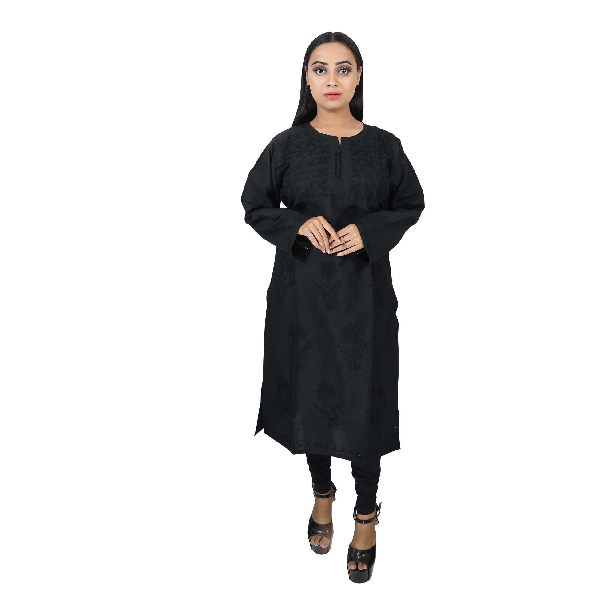 Women Embroidered Pure Cotton Straight Kurta (Black)