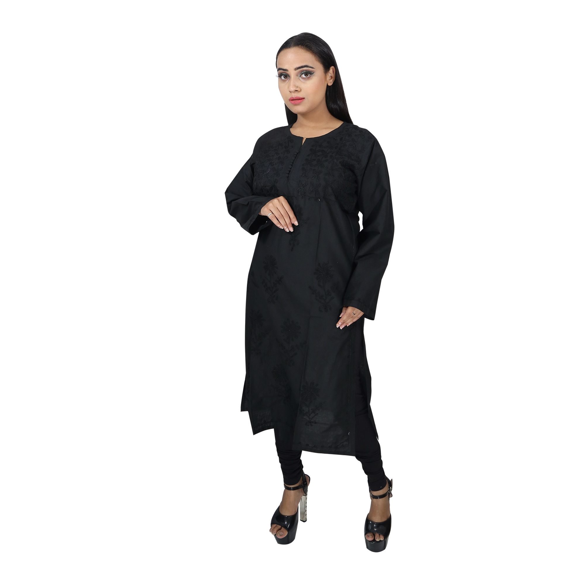 Women Embroidered Pure Cotton Straight Kurta (Black)