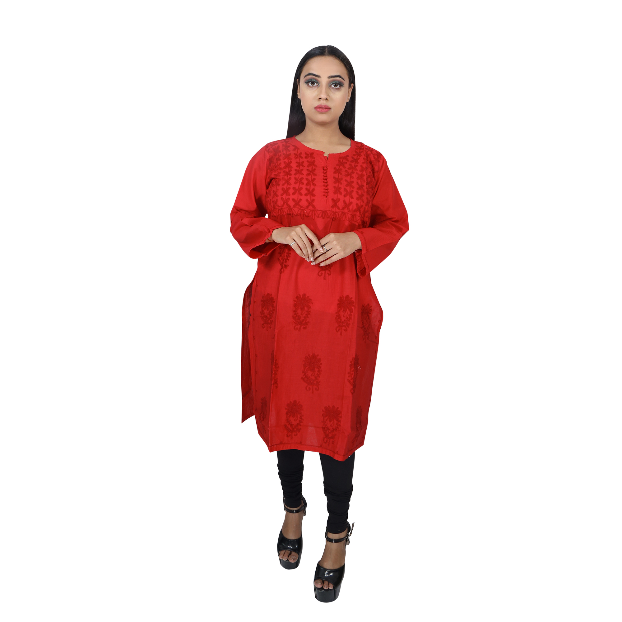 Women Embroidered Pure Cotton Straight Kurta (Red)