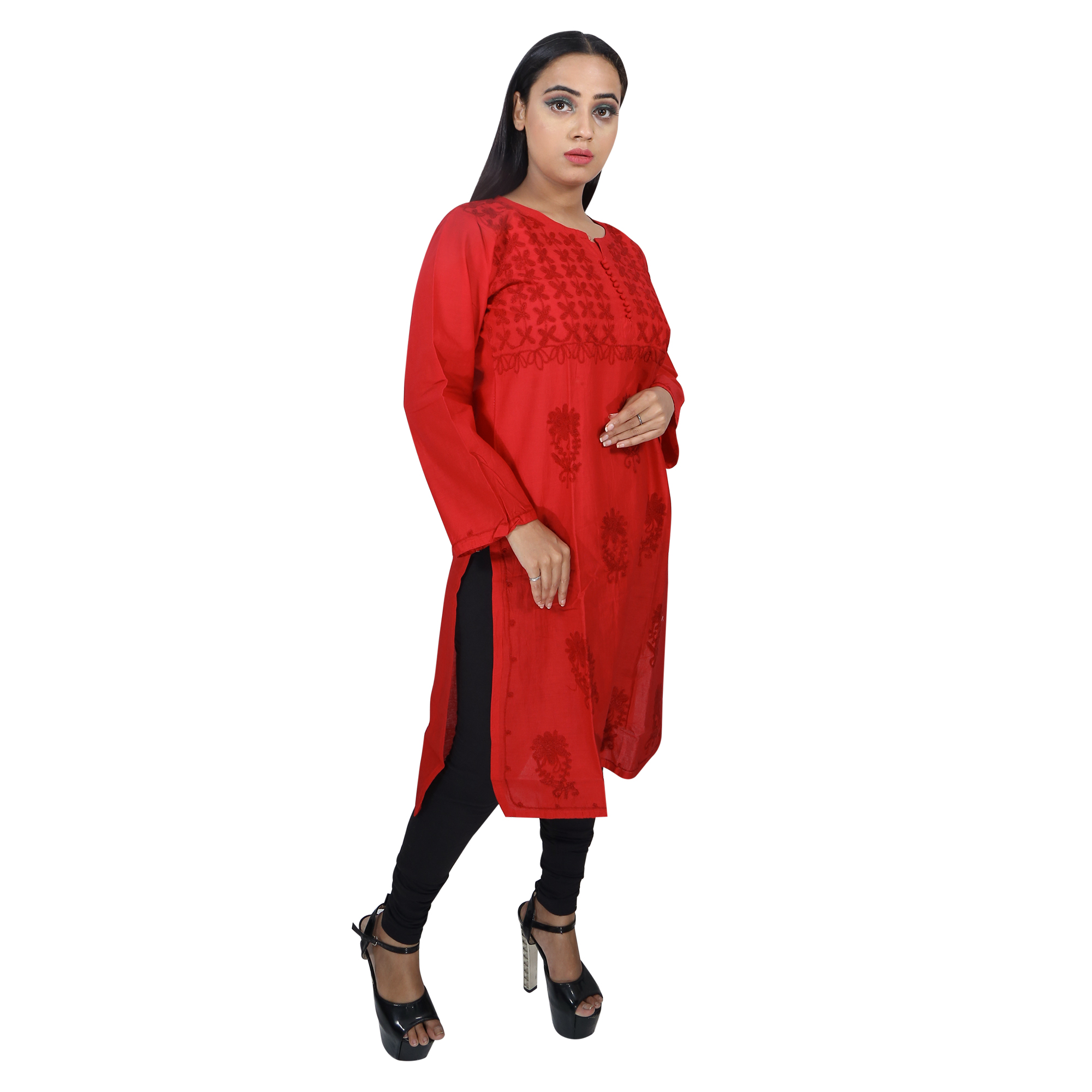 Women Embroidered Pure Cotton Straight Kurta (Red)