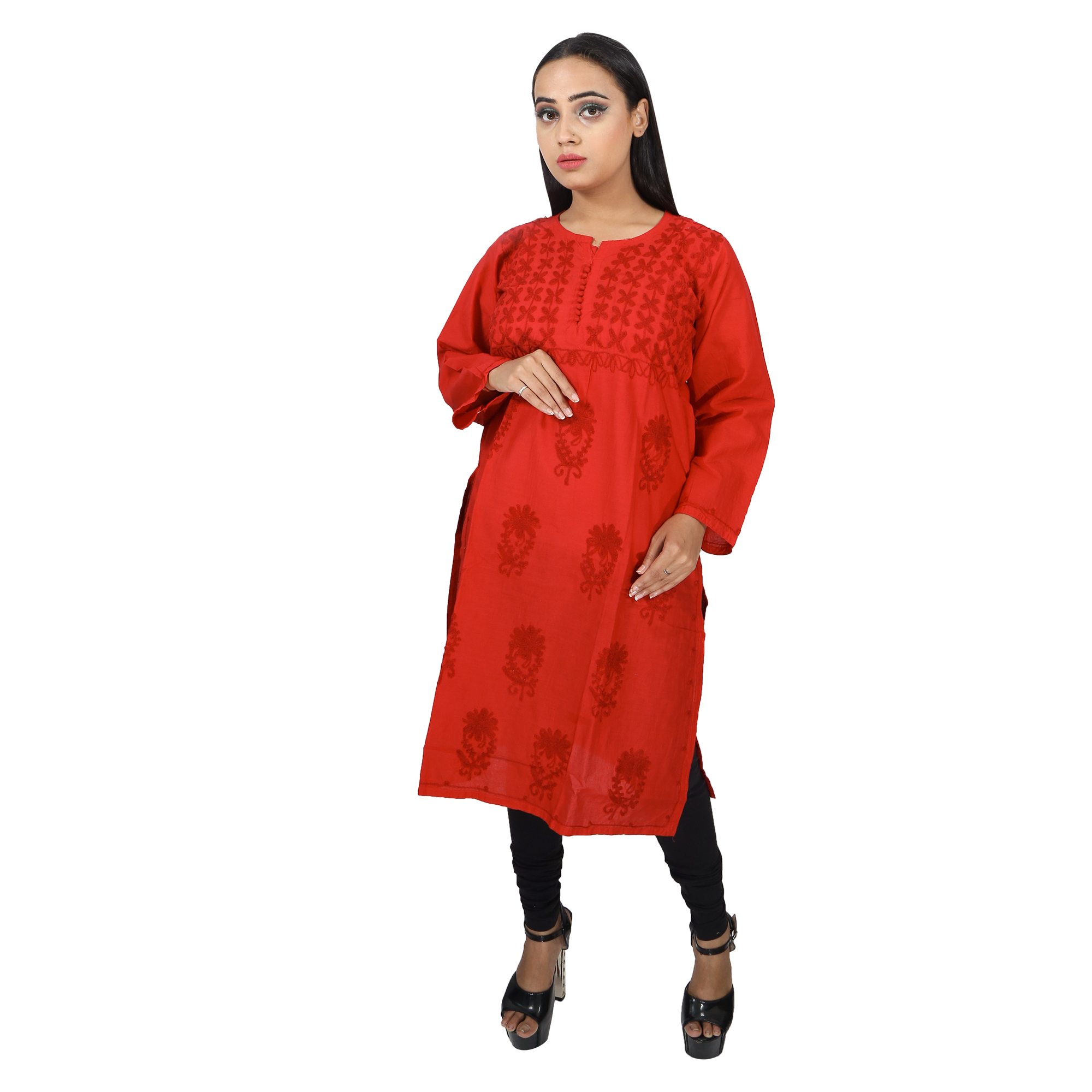 Women Embroidered Pure Cotton Straight Kurta (Red)