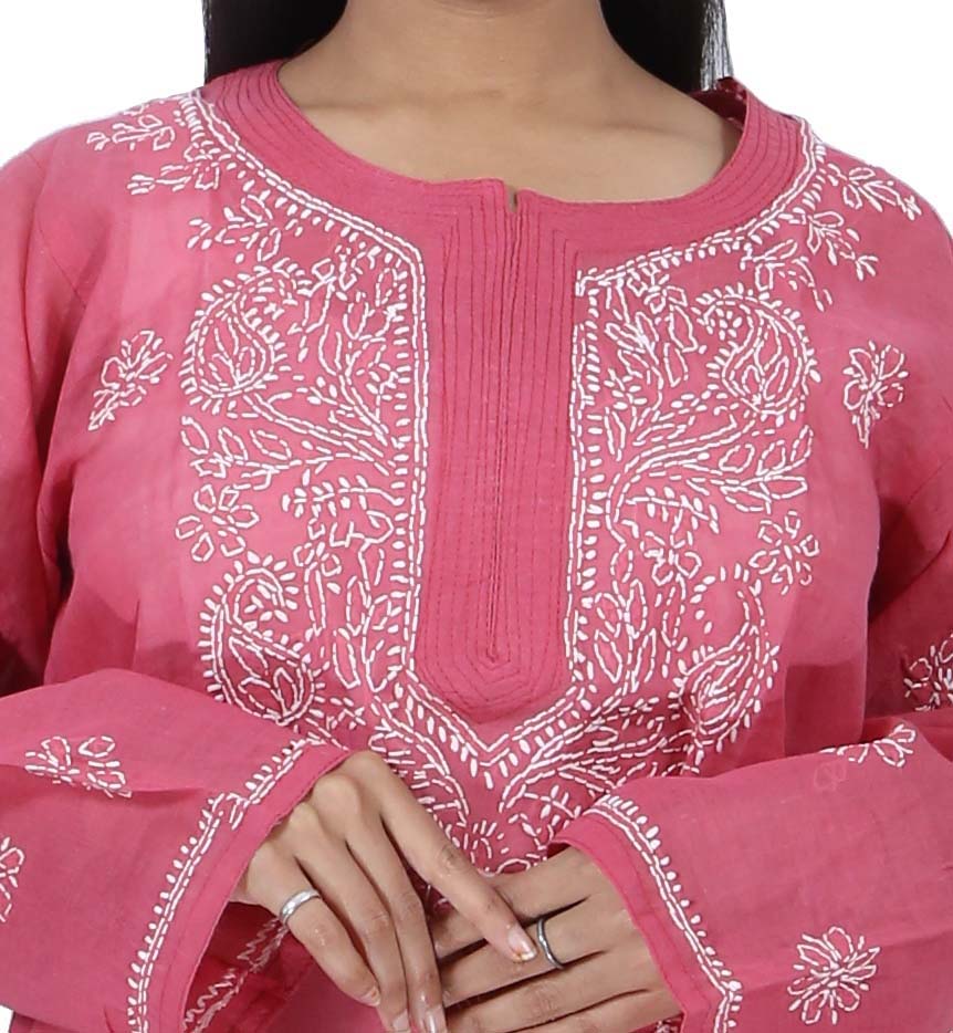 Women Cotton Chikan Kurti Light Pink