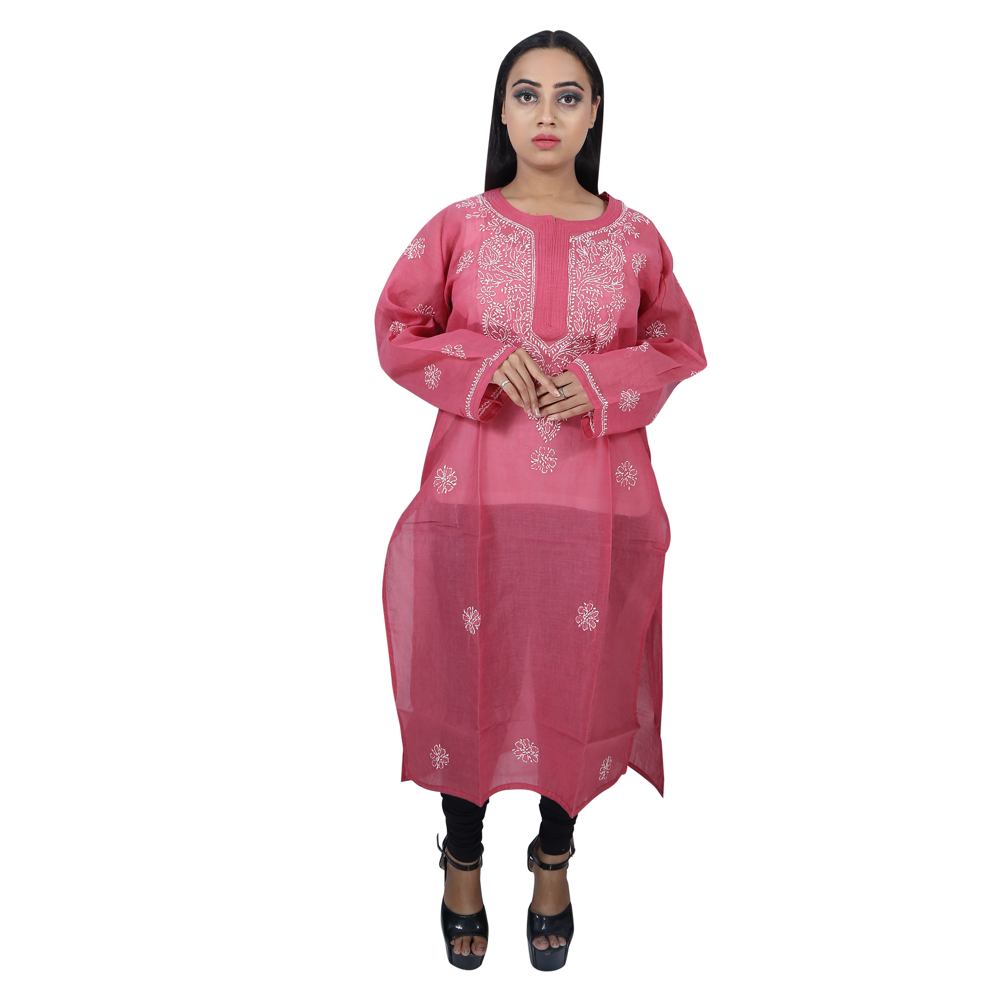 Women Cotton Chikan Kurti Light Pink