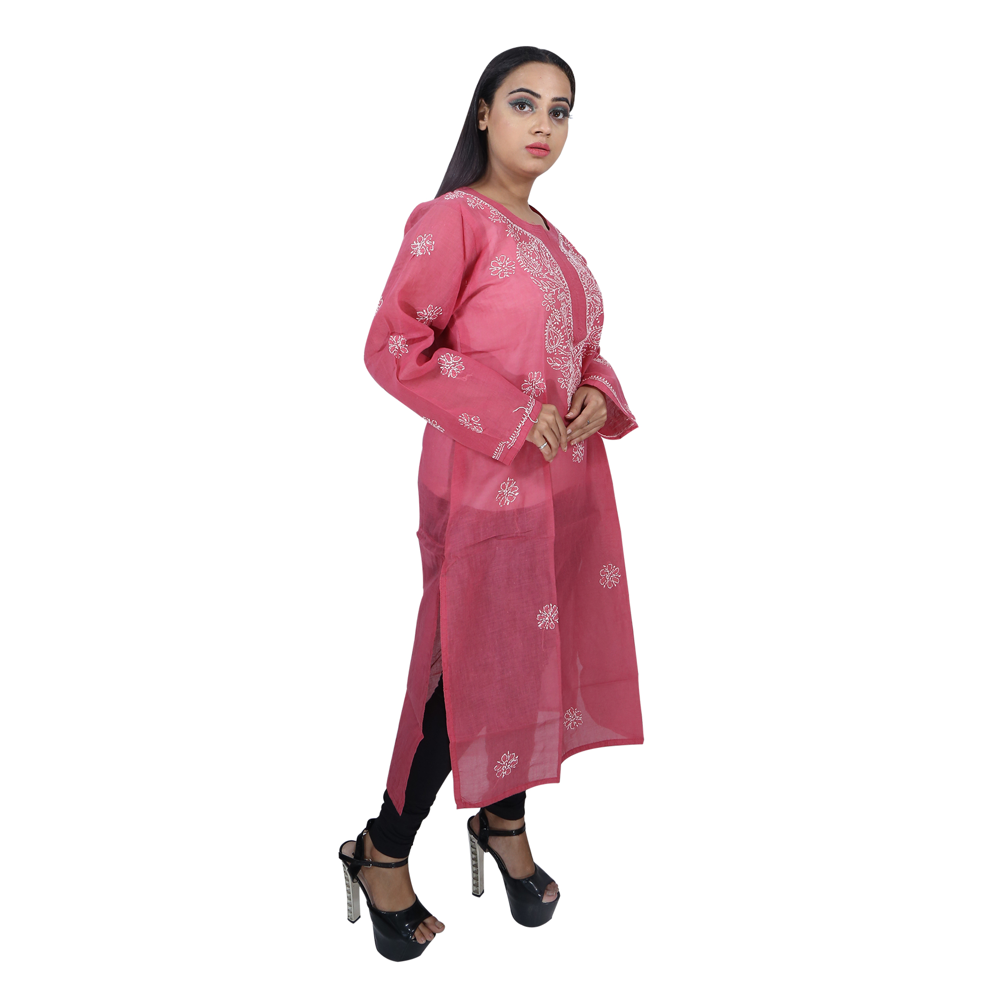 Women Cotton Chikan Kurti Light Pink