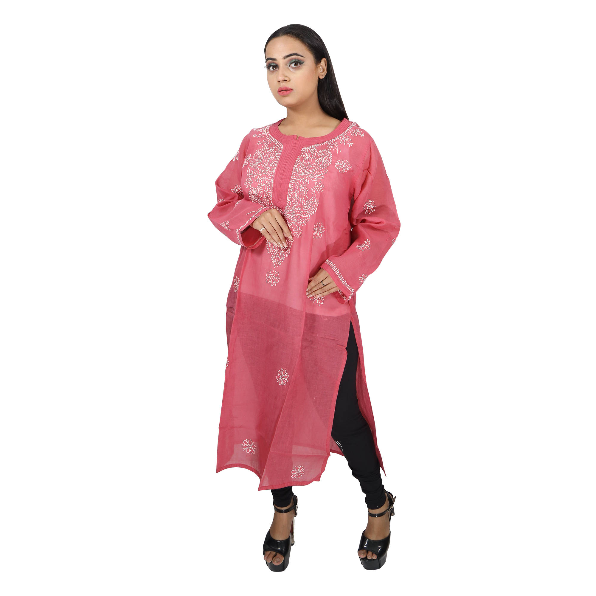 Women Cotton Chikan Kurti Light Pink
