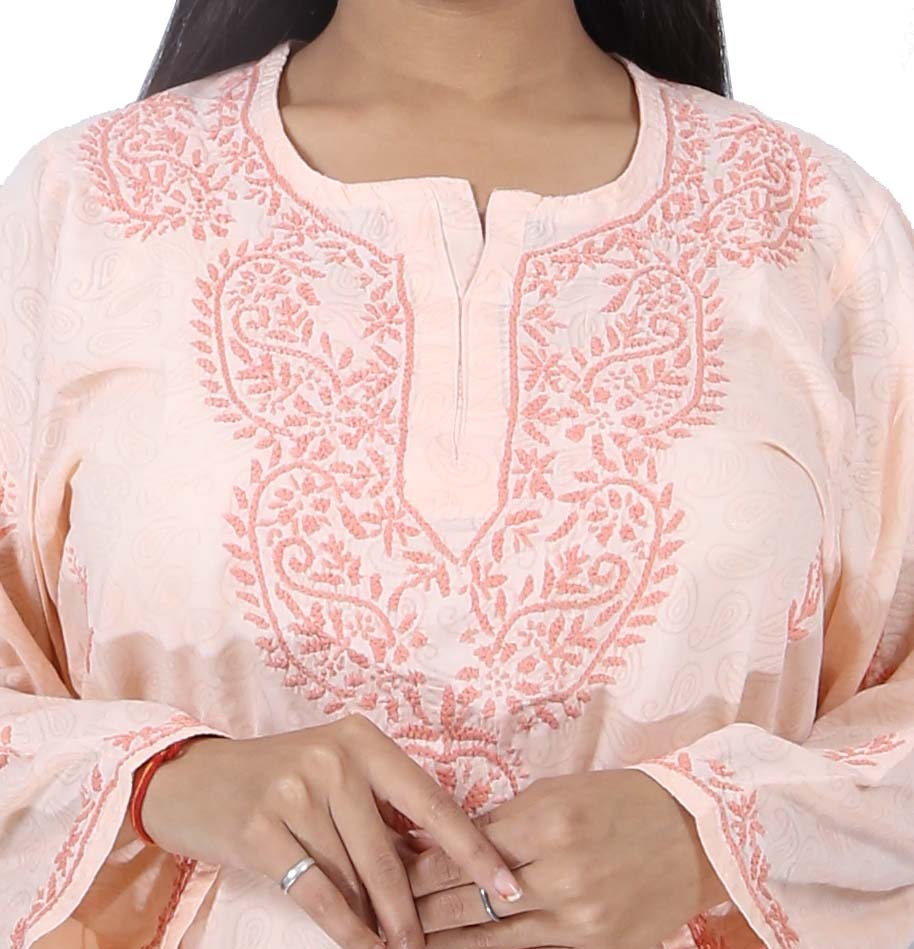 Women Soft Cotton Chikan Kurti Peach