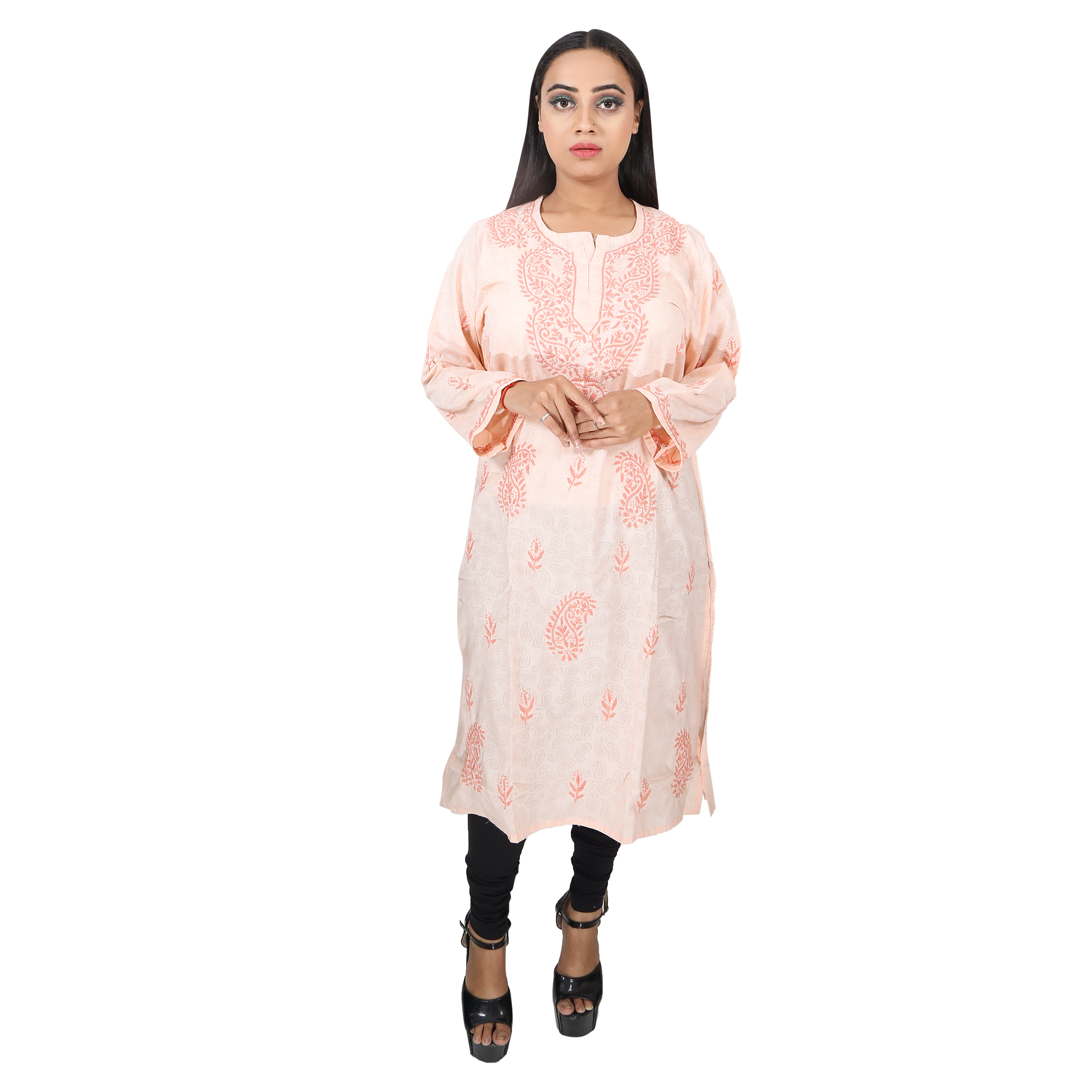 Women Soft Cotton Chikan Kurti Peach