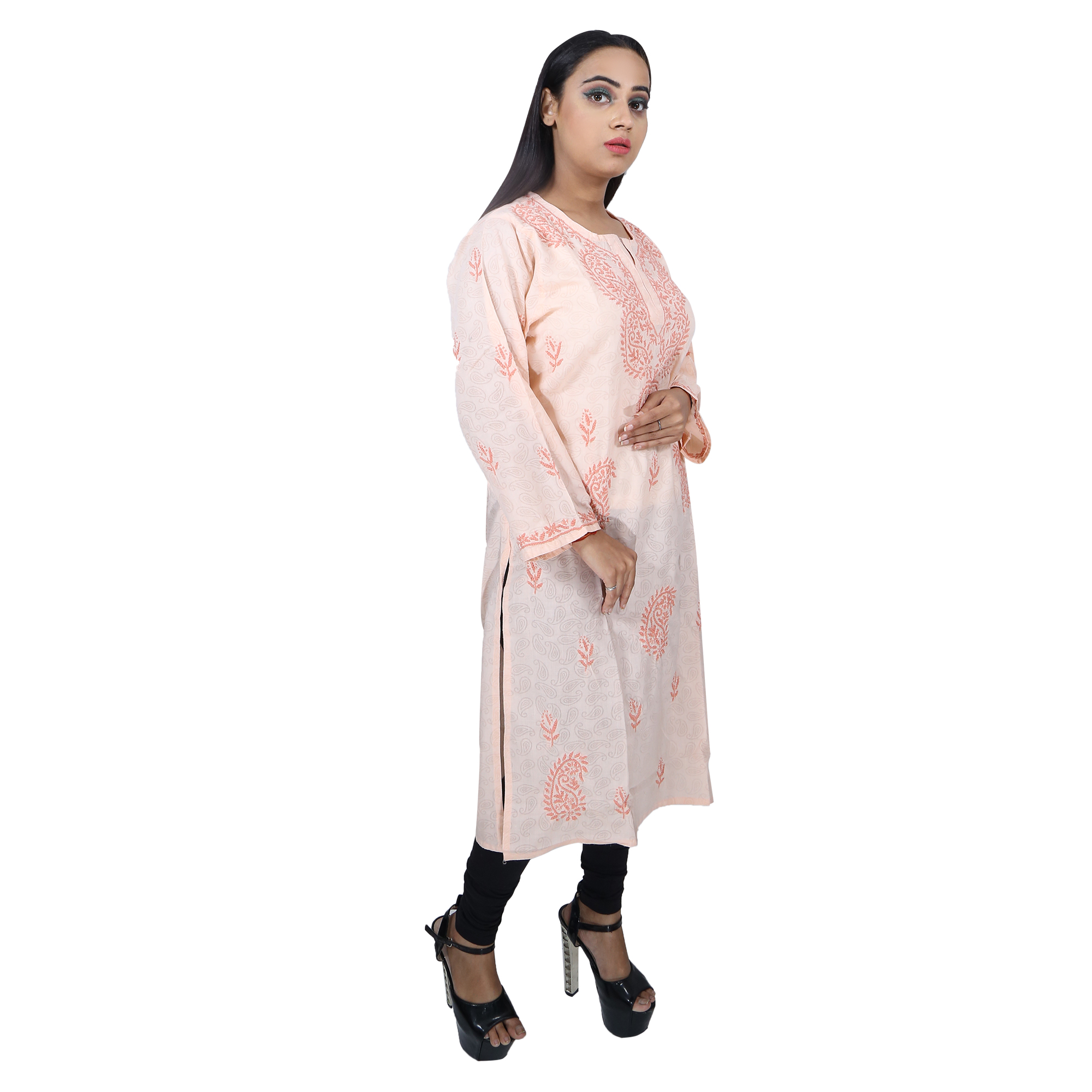 Women Soft Cotton Chikan Kurti Peach
