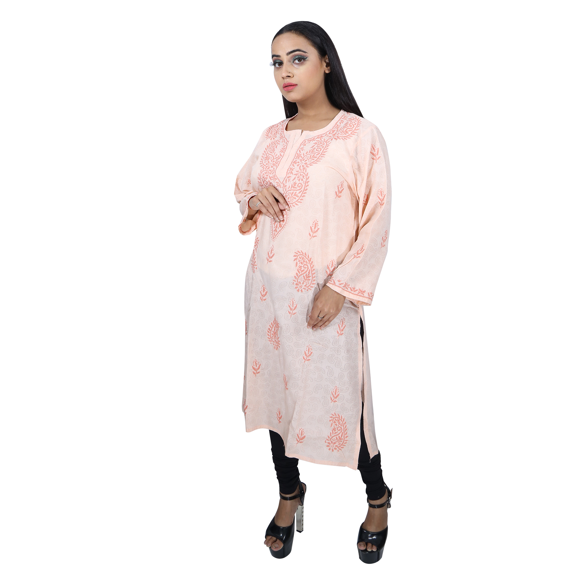 Women Soft Cotton Chikan Kurti Peach