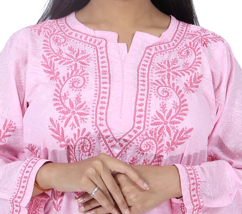 Women Soft Cotton Chikan Kurti Light Pink