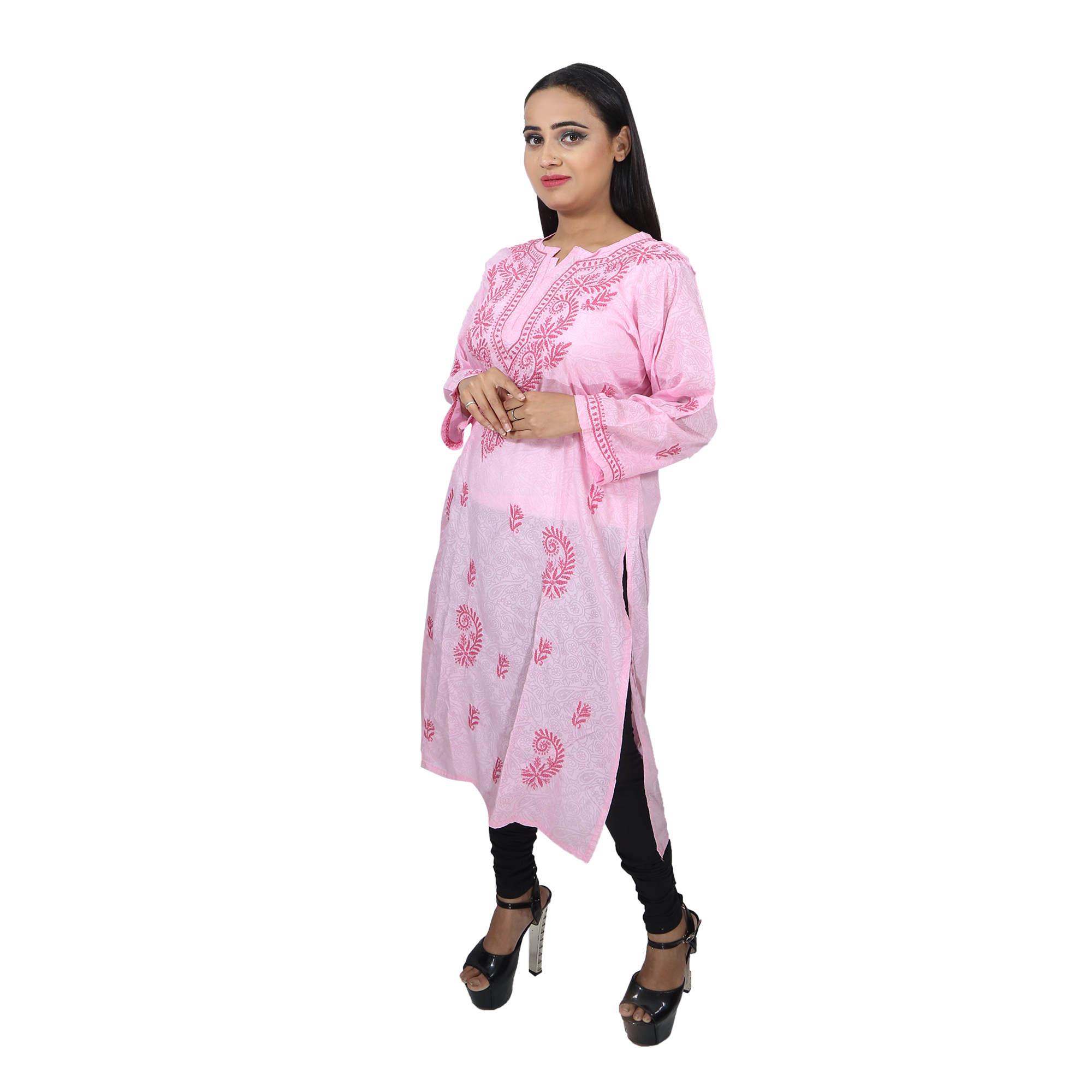 Women Soft Cotton Chikan Kurti Light Pink