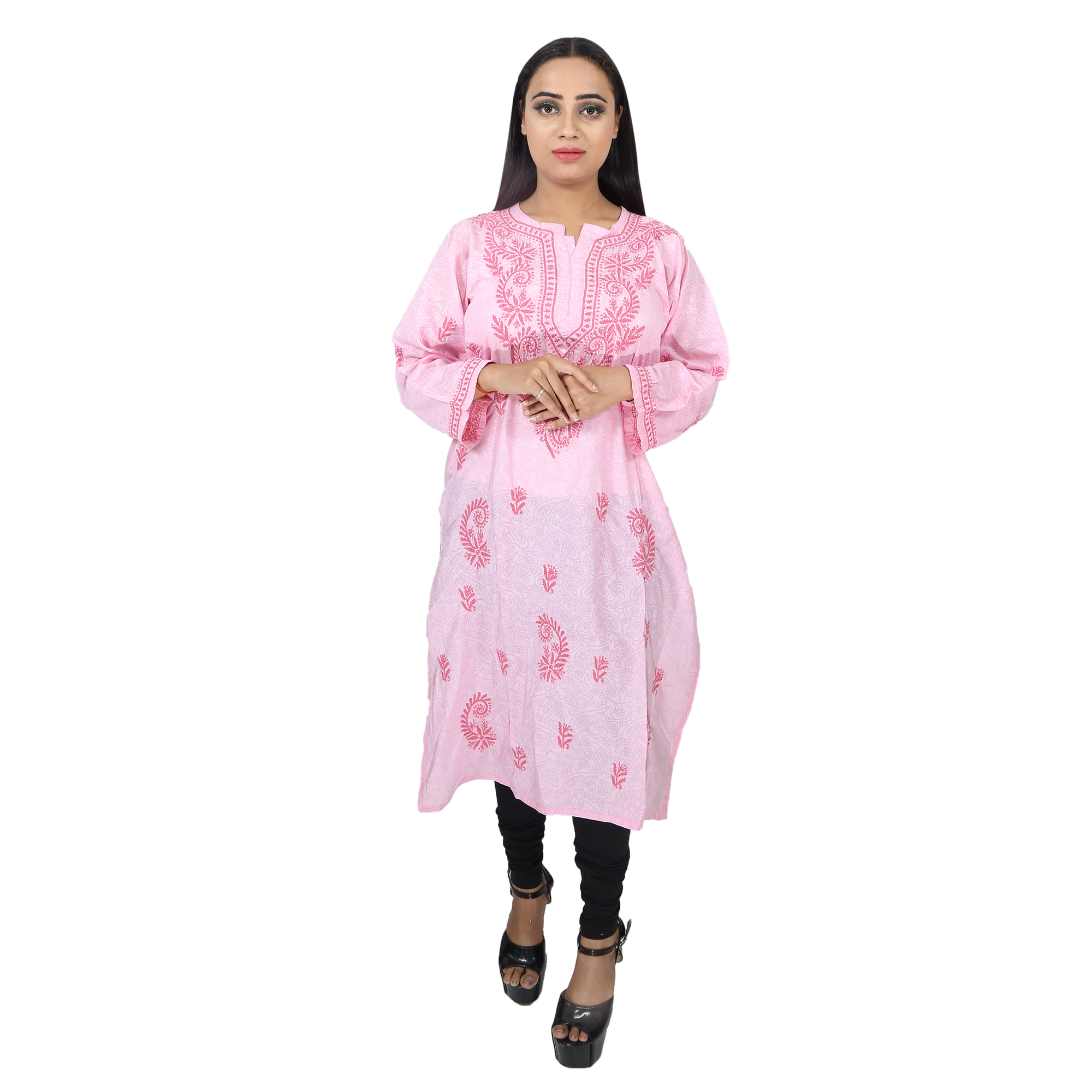 Women Soft Cotton Chikan Kurti Light Pink