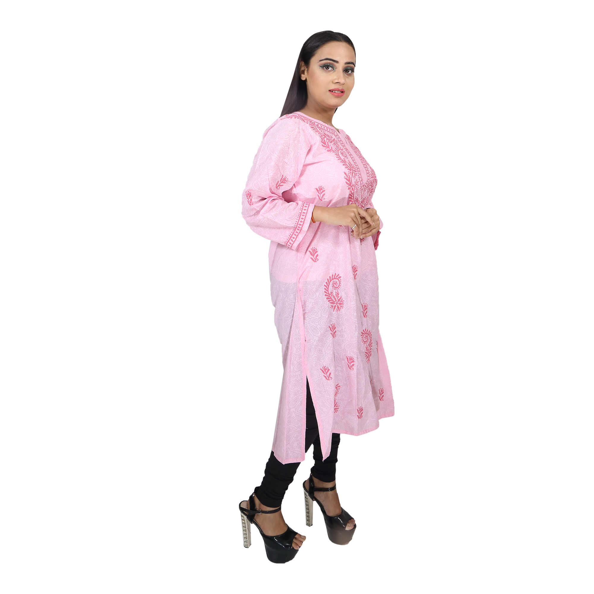 Women Soft Cotton Chikan Kurti Light Pink