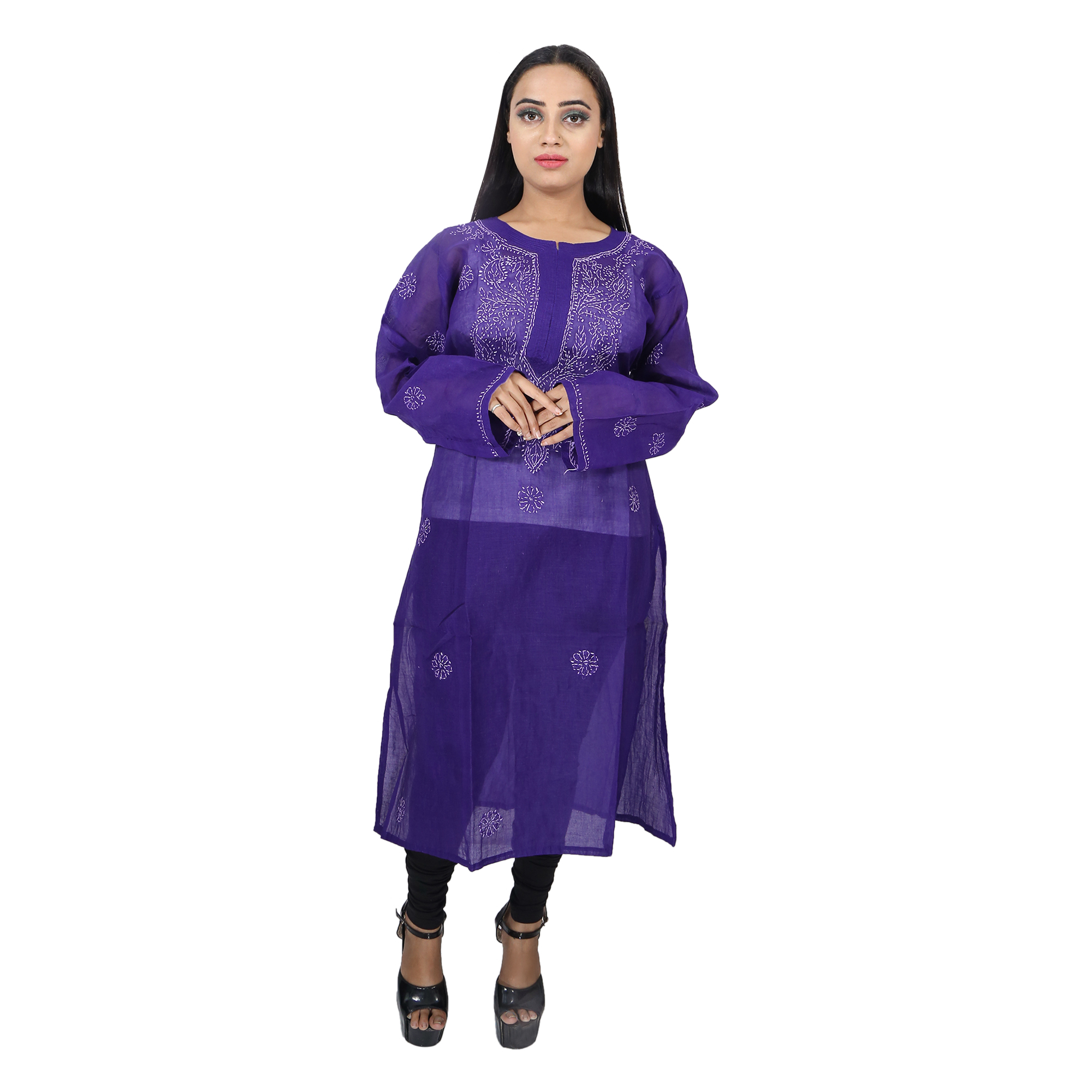 Women Cotton Chikan Kurti Navy Blue