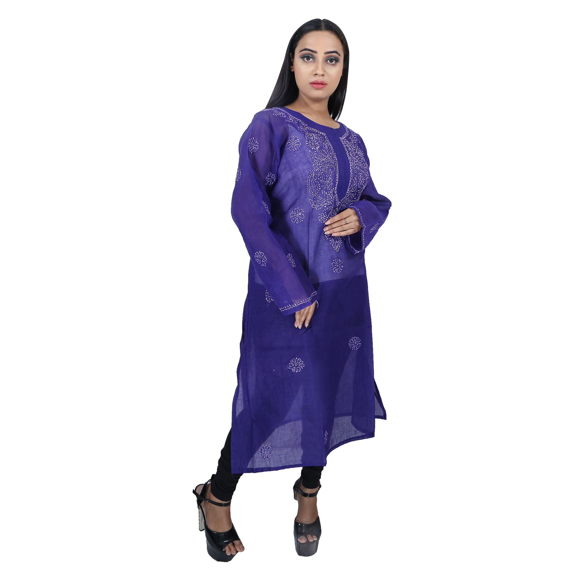 Women Cotton Chikan Kurti Navy Blue