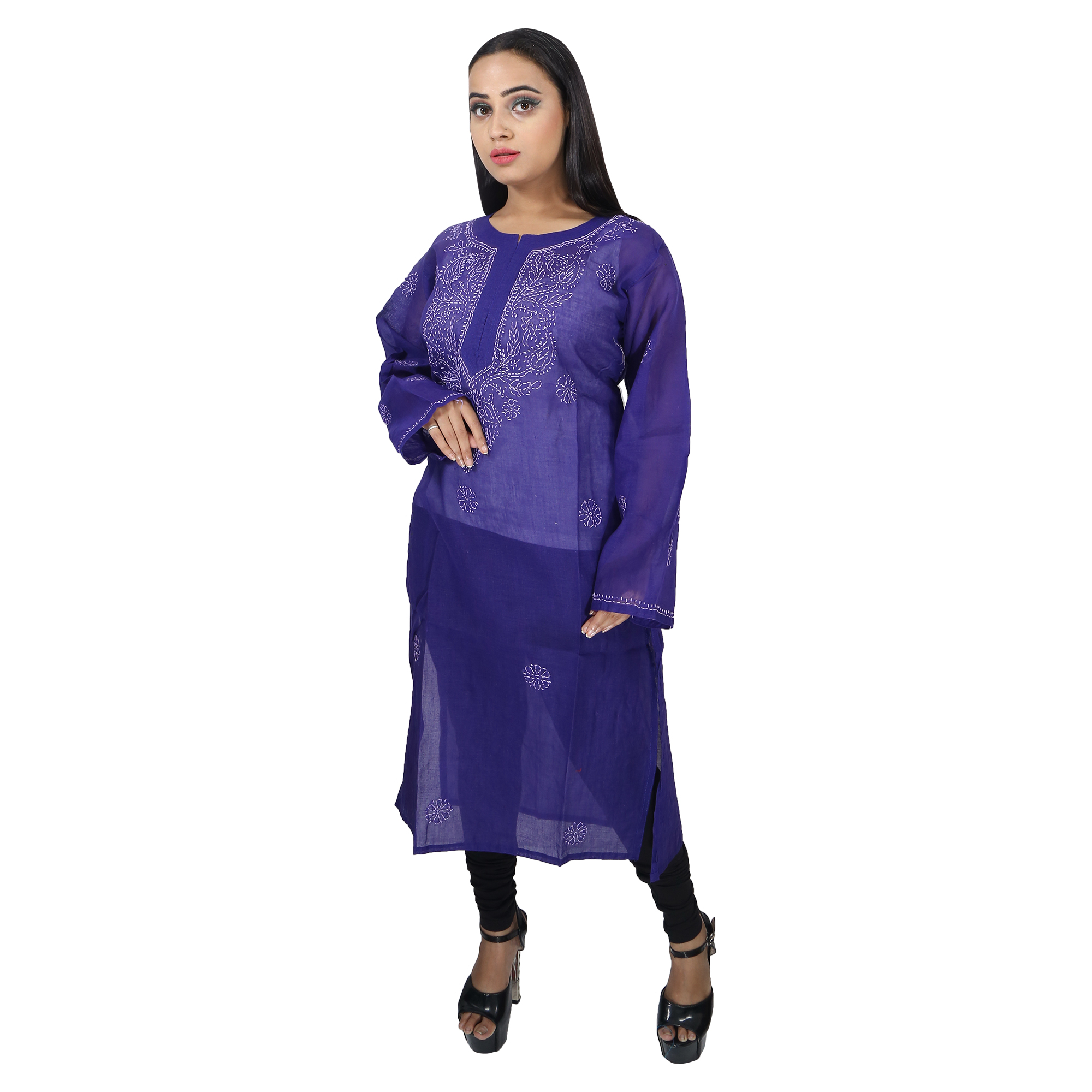 Women Cotton Chikan Kurti Navy Blue
