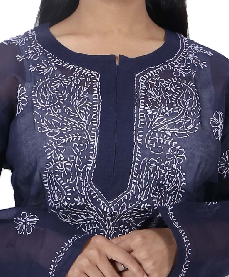 Women Cotton Chikan Kurti Black