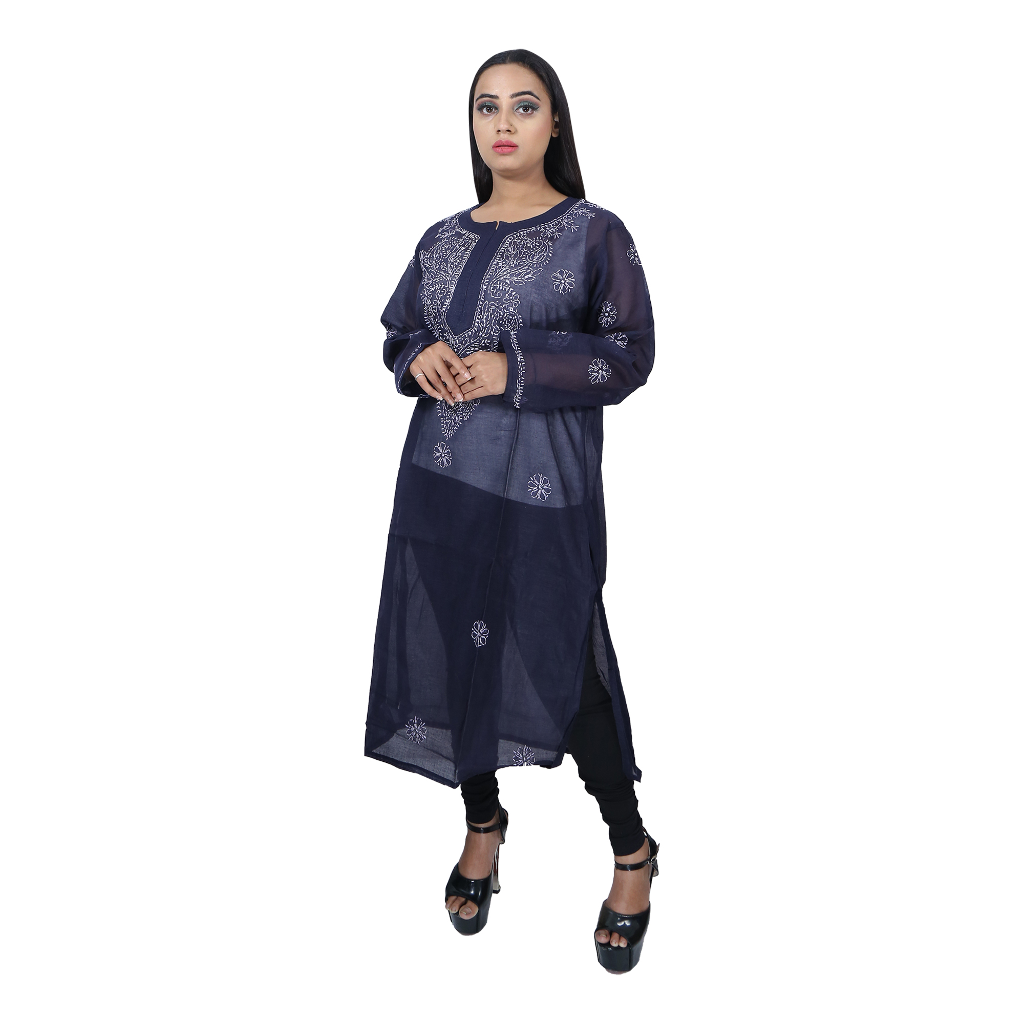 Women Cotton Chikan Kurti Black