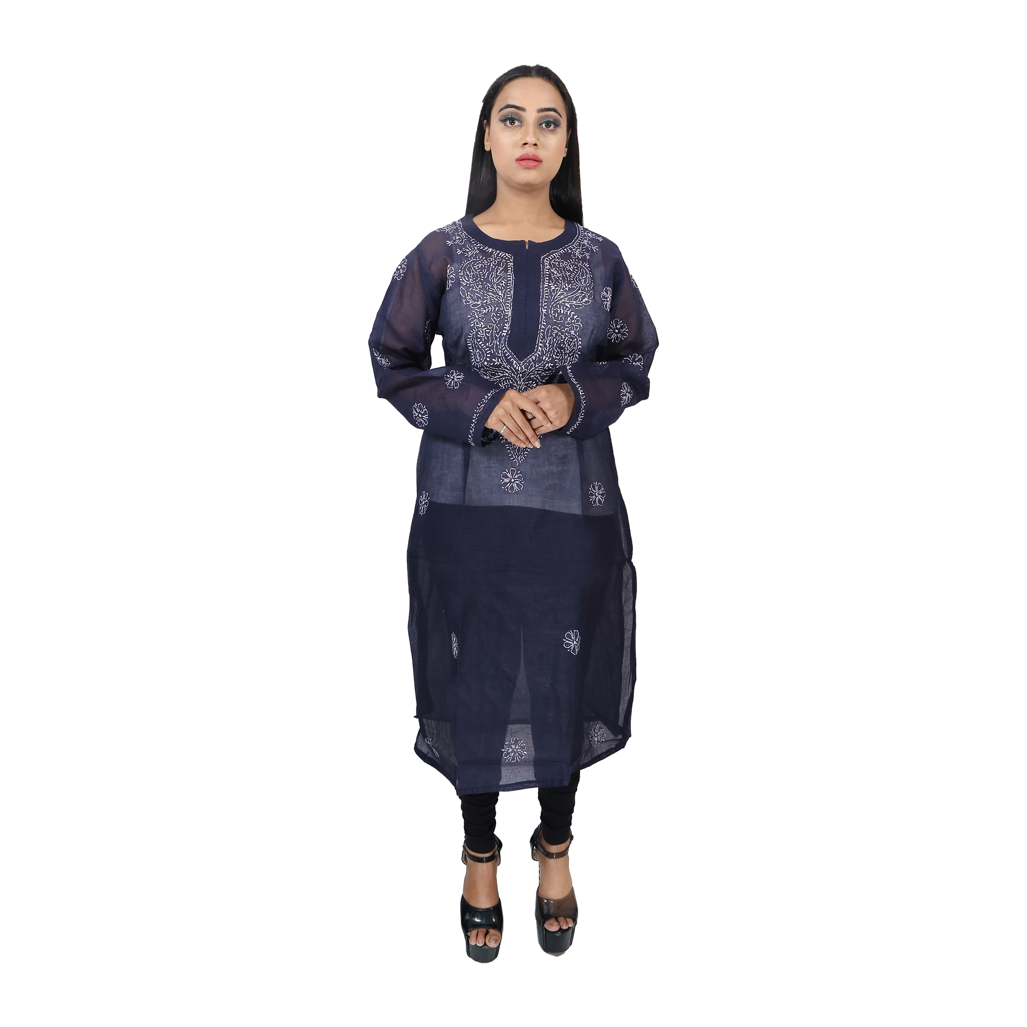 Women Cotton Chikan Kurti Black