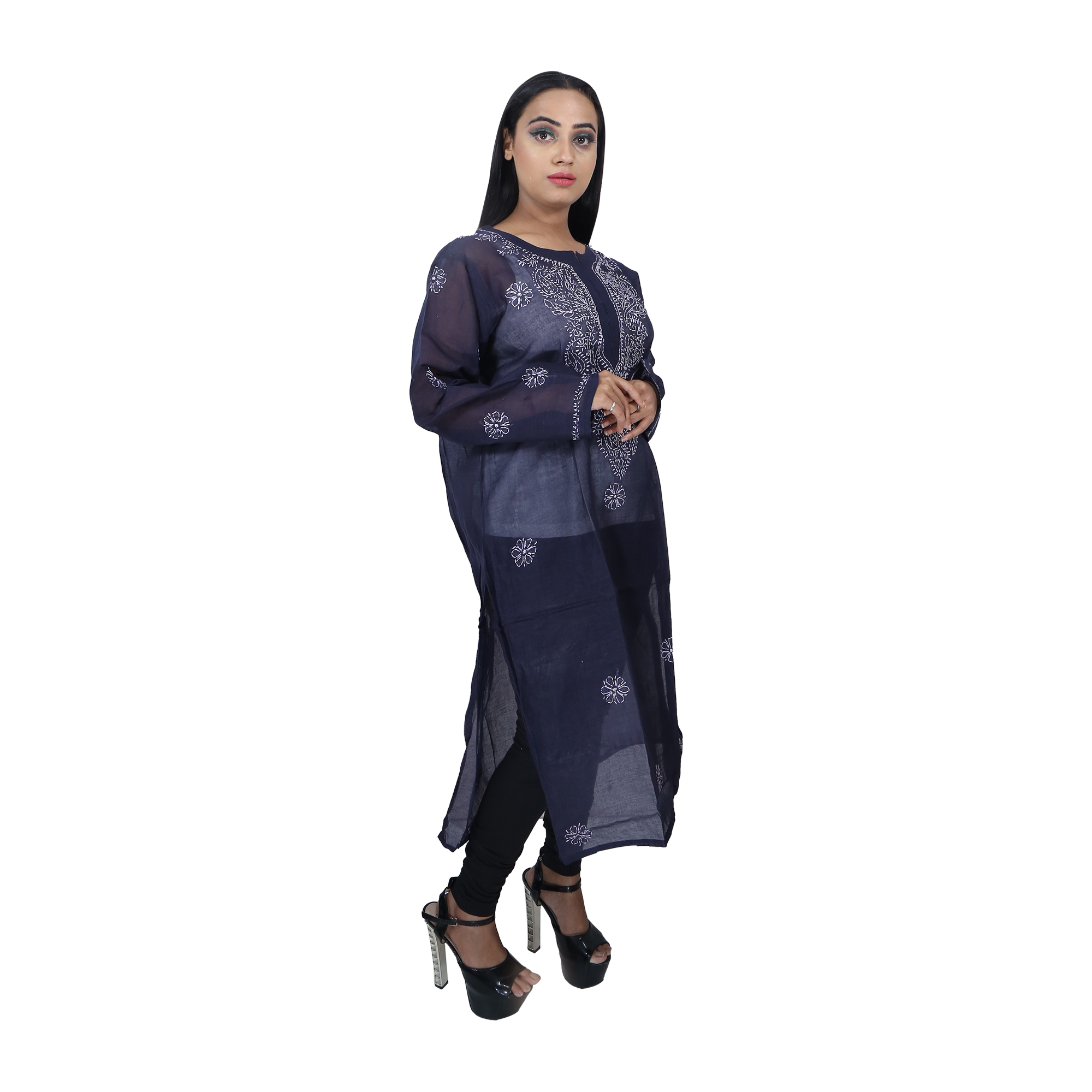 Women Cotton Chikan Kurti Black