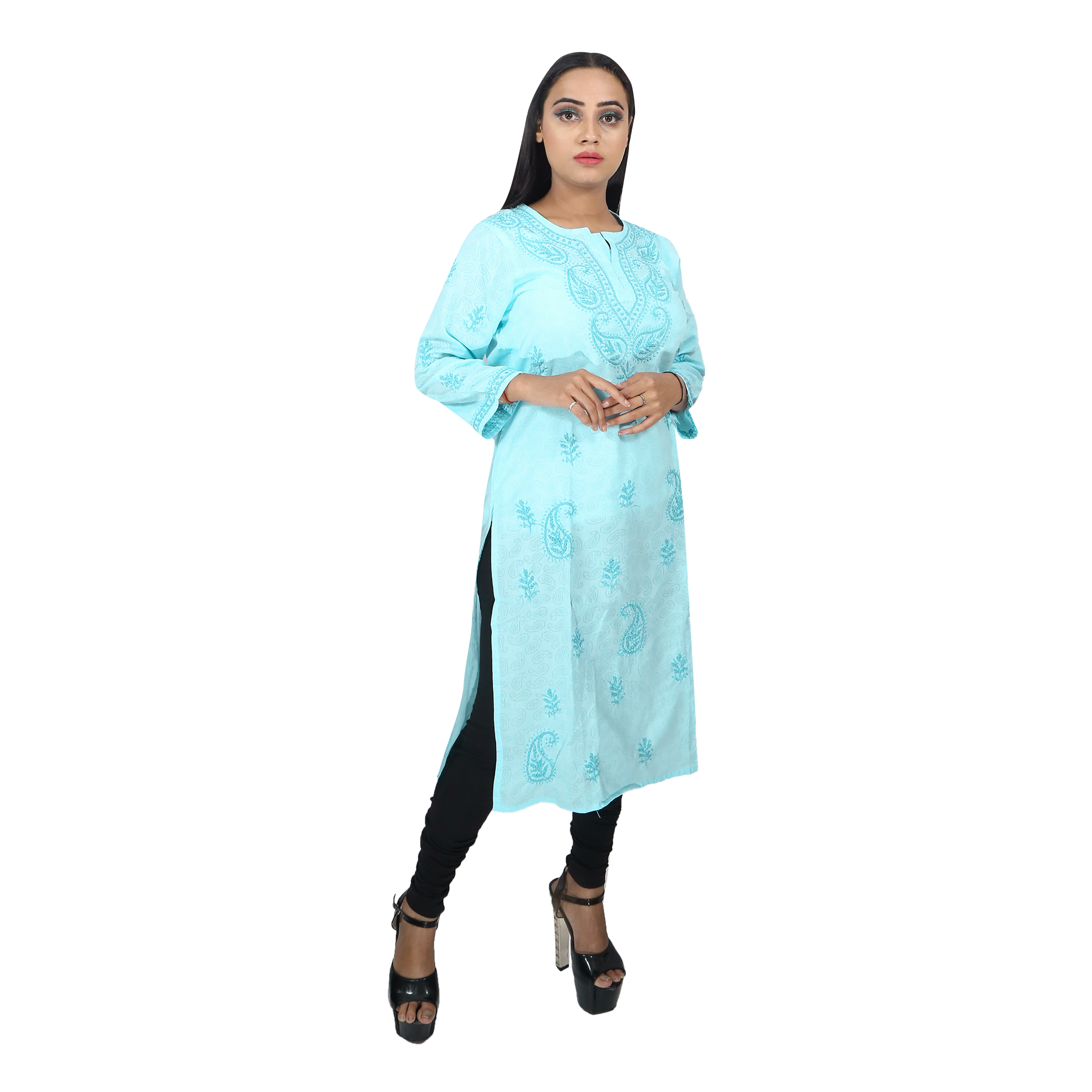 Women Soft Cotton Chikan Kurti Light Blue