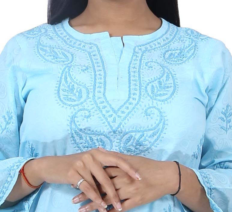 Women Soft Cotton Chikan Kurti Light Blue