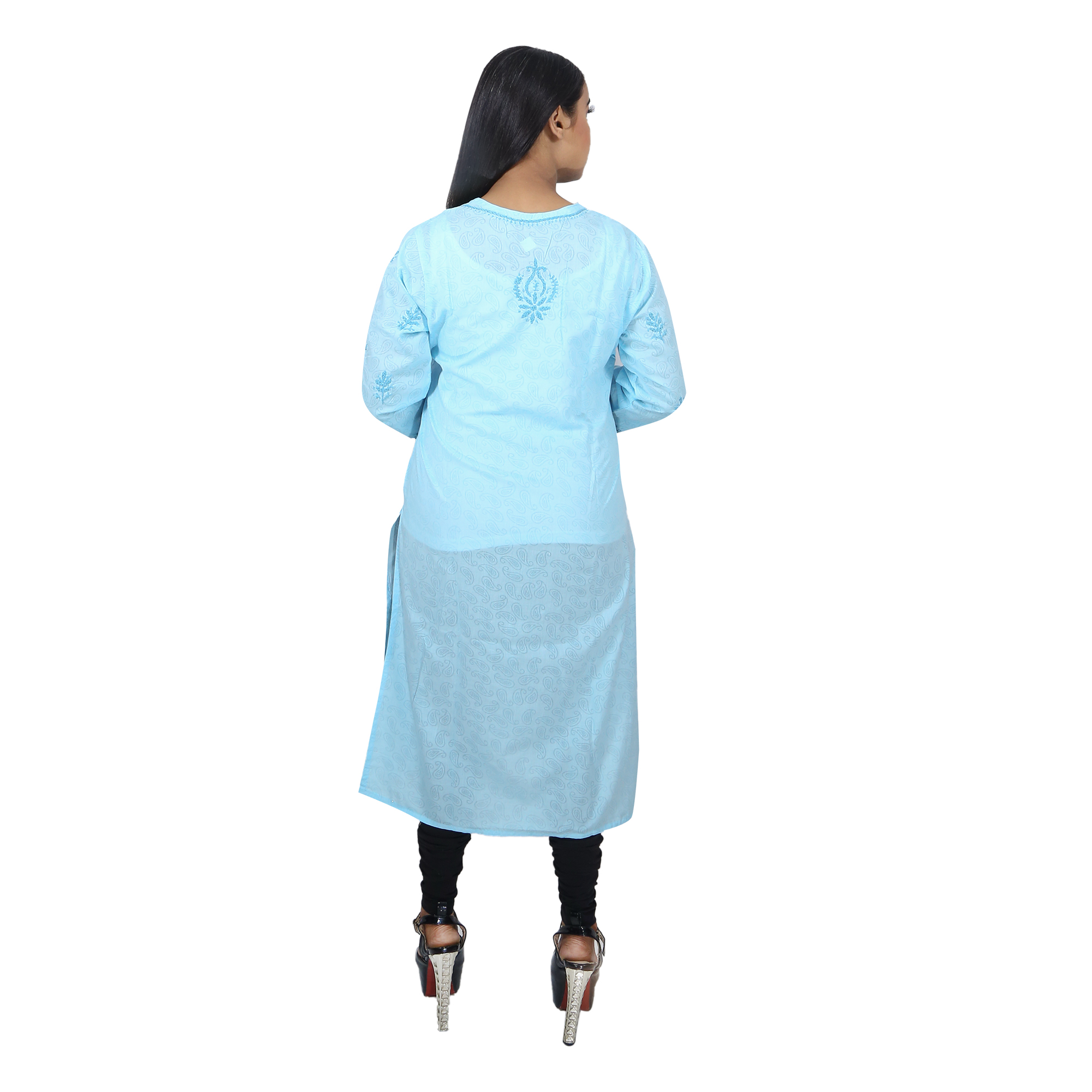 Women Soft Cotton Chikan Kurti Light Blue