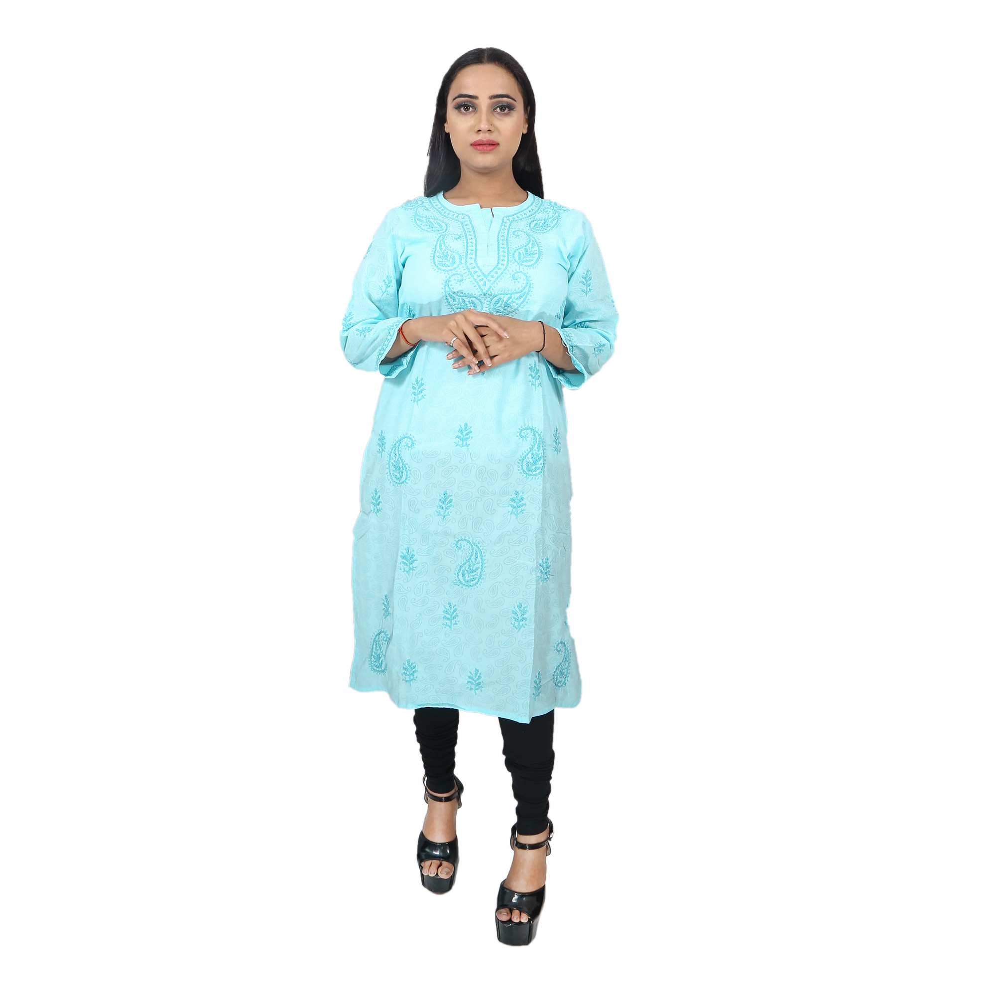Women Soft Cotton Chikan Kurti Light Blue