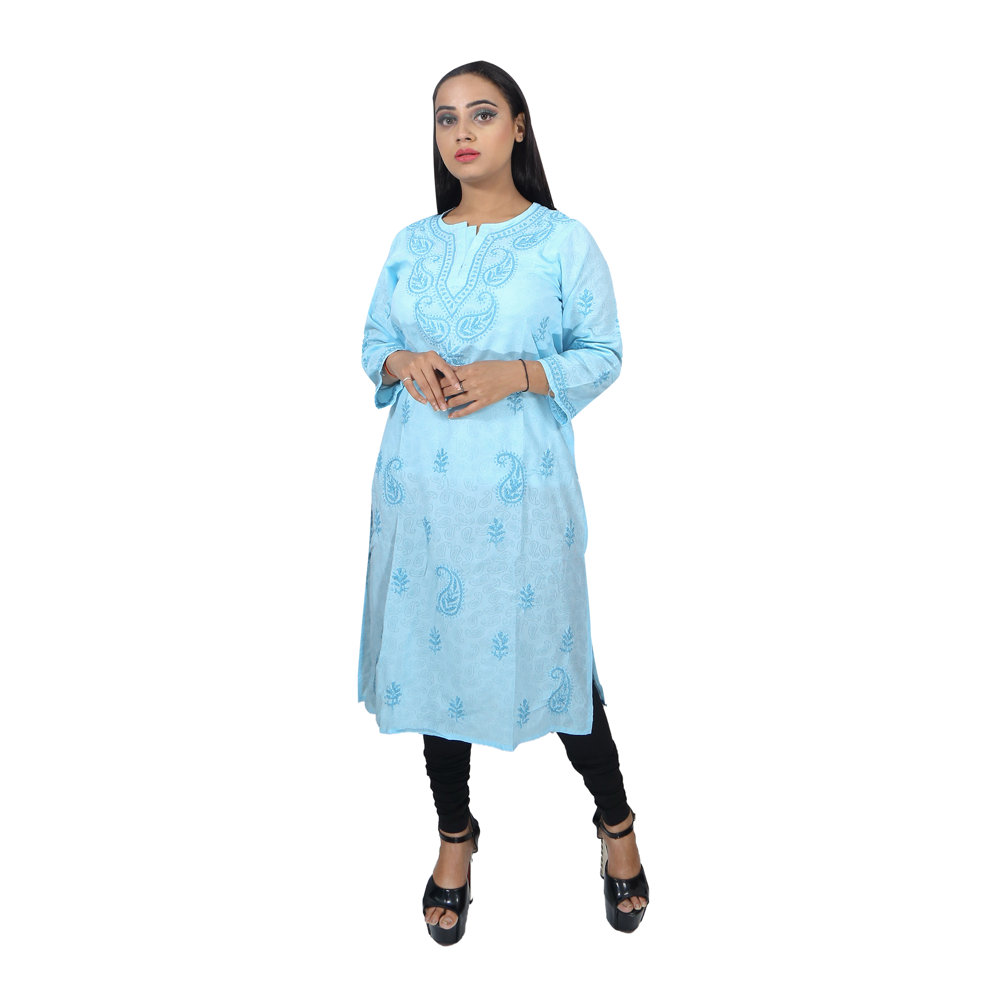 Women Soft Cotton Chikan Kurti Light Blue